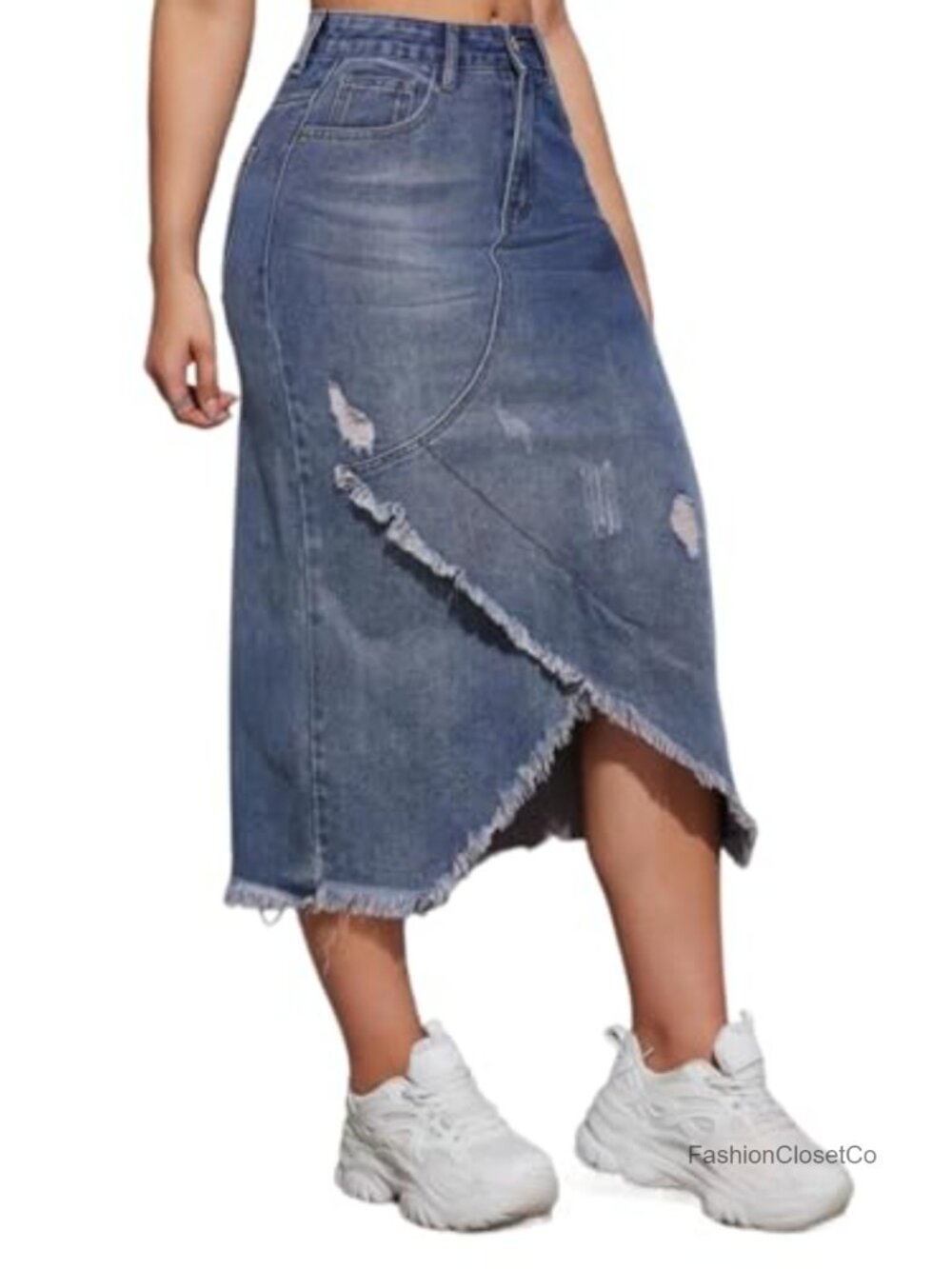 Women's Midi Jean Skirt Asymmetrical Raw Hem High Rise Stretch Denim Skirt